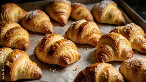 A tray of croissants with powdered sugar on top