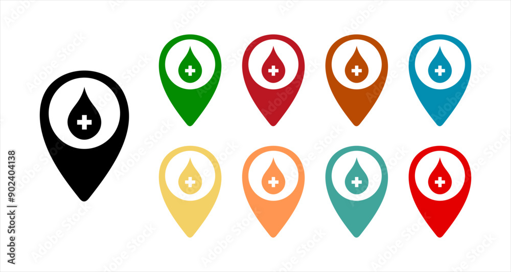 Hospital or pharmacy location icon. Plus pin map icon. Hospital, Clinic. Map pointer. Map markers. GPS location on map with cross icon and donation. Vector Illustration. Hospital or pharmacy location icon. Plus pin map icon. Hospital, Clinic. Map pointer. Map markers. GPS location on map with cross icon and donation. Vector Illustration.