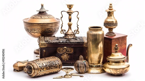 Vintage and gilded household decor on a plain white background.