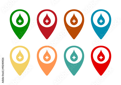 Hospital or pharmacy location icon set. Map pin with cross. Plus pin map icon set. Hospital, Clinic location. Map pointer icon. Map markers. Vector illustration.