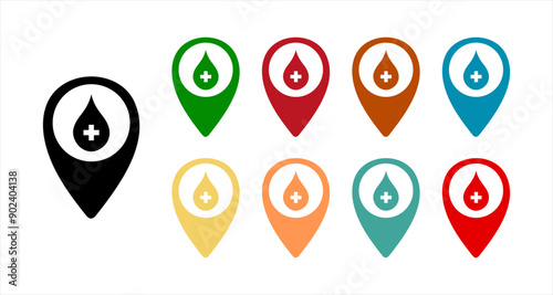 Hospital or pharmacy location icon. Plus pin map icon. Hospital, Clinic. Map pointer. Map markers. GPS location on map with cross icon and donation. Vector Illustration.