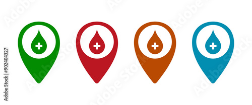 Hospital or pharmacy location icon set. Plus pin map icon set. Hospital, Clinic location. Map pointer. Map markers. Vector illustration