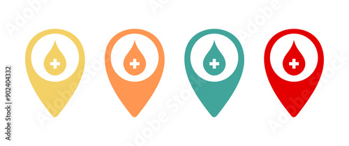 Hospital or pharmacy location icon set. Map pin with cross. Plus pin map icon set. Hospital, Clinic location. Map pointer. Map markers. Vector illustration