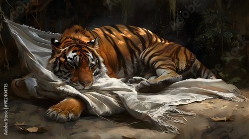 Tiger Holding White Flag: A fierce tiger lying down, gently holding a white flag with its mouth. 