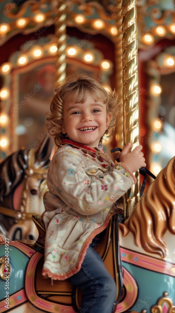 A young girl smiles brightly as she rides a carousel horse. AI. A young girl smiles brightly as she rides a carousel horse. AI.