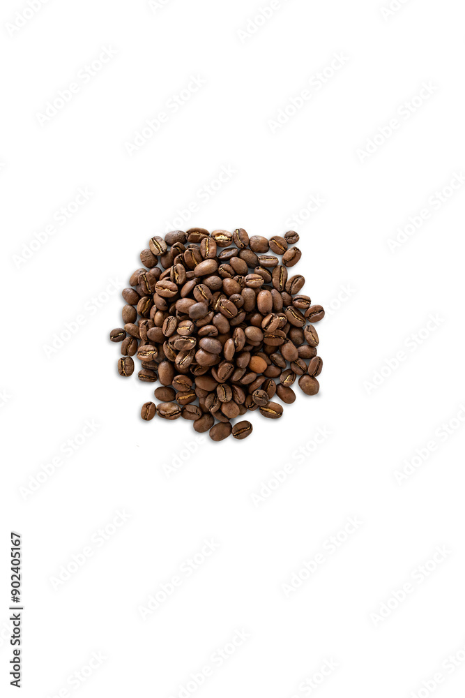 Closeup of a pile of organic whole roasted coffee beans isolated on a transparent background from above, top view, shadow, png Closeup of a pile of organic whole roasted coffee beans isolated on a transparent background from above, top view, shadow, png