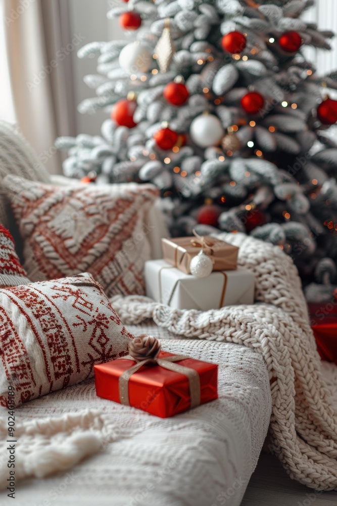 A cozy couch with presents under a Christmas tree. AI. A cozy couch with presents under a Christmas tree. AI.