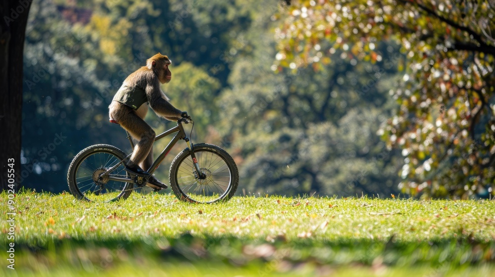 Fototapeta premium A monkey rides a bicycle on a grassy path. AI.