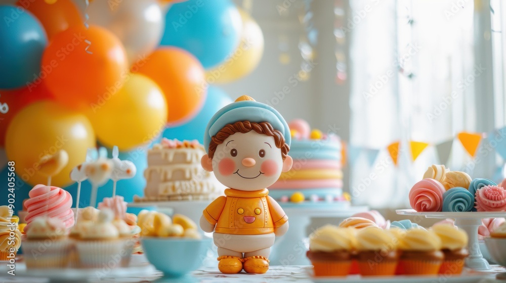 Fototapeta premium A cheerful figurine surrounded by cupcakes and cakes. AI.