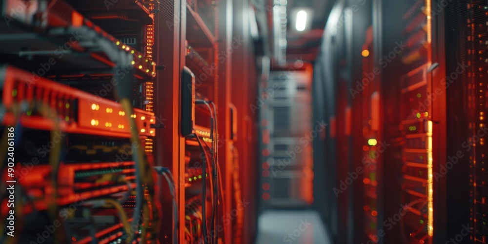 Obraz premium A close up of a server room with rows of servers. AI.