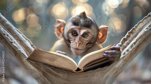 A monkey reads a book while relaxing in a hammock. AI. photo