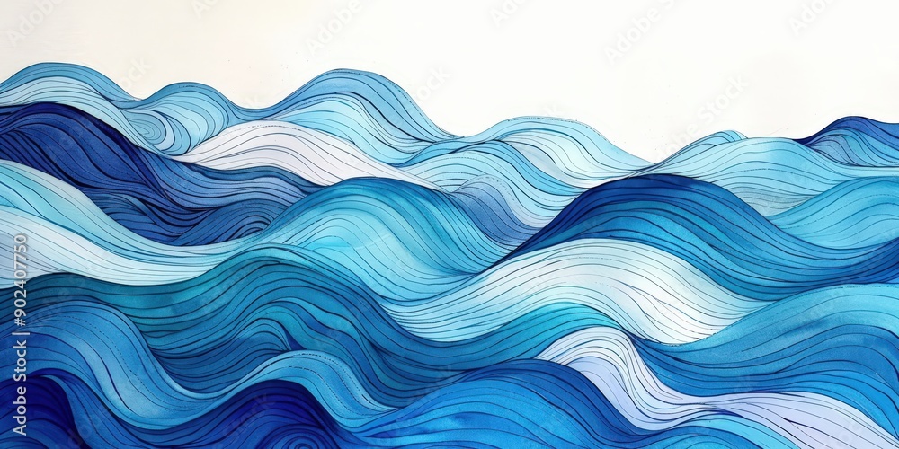 Fototapeta premium A hand-drawn drawing of blue ocean waves on white background