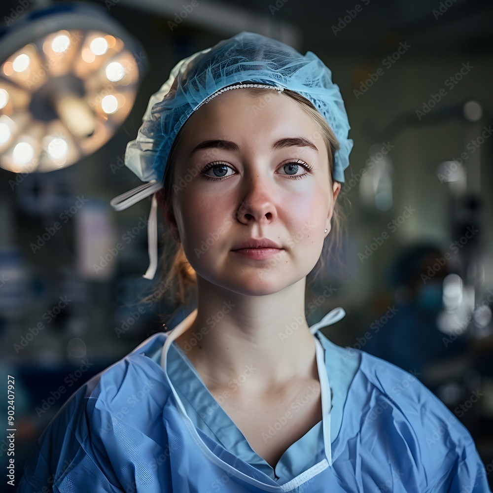 Portrait of female surgeon in protective workwear in hospital. Healthcare workers in the Coronavirus Portrait of female surgeon in protective workwear in hospital. Healthcare workers in the Coronavirus