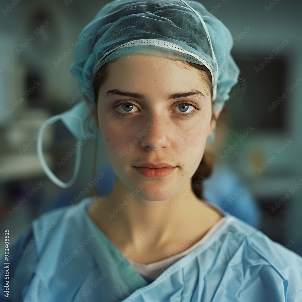 Portrait of female surgeon in protective workwear in hospital. Healthcare workers in the Coronavirus Portrait of female surgeon in protective workwear in hospital. Healthcare workers in the Coronavirus