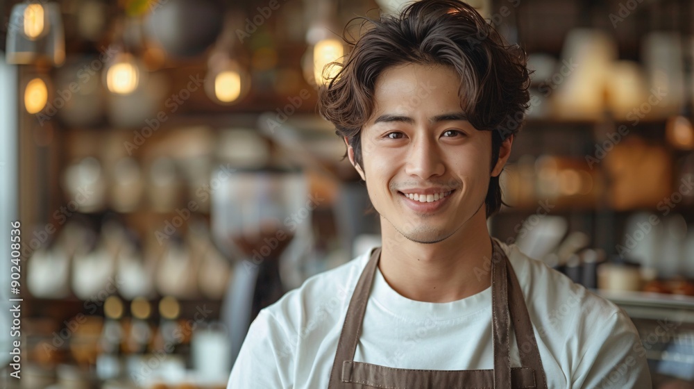 Fototapeta premium A grinning Asian male server wearing an apron works in a caf√©, holding a digital device and gazing at blank area on a white backdrop, representing a small entrepreneurial venture.