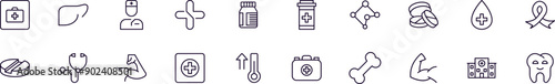 Medicine and healthcare line icons pack. Simple outline sign and editable stroke for web sites, articles, books, apps