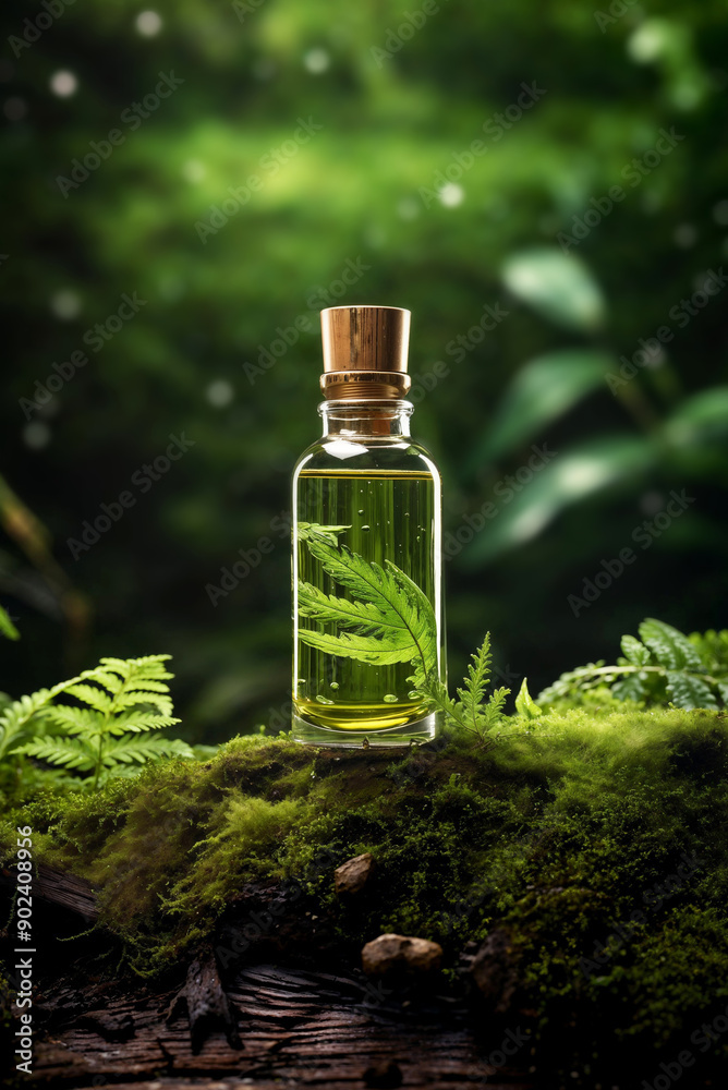 Essential oil in glass bottle with fresh fern leaves on green moss background
