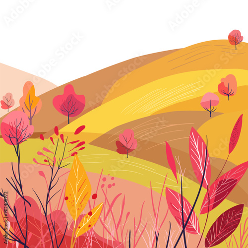A set of vertical posters with autumn cards. Landscape hills. Nice house. Invitation to the sale. Magazine and book cover.