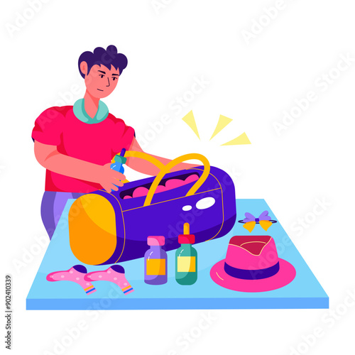 Boy doing bag packing, flat illustration 