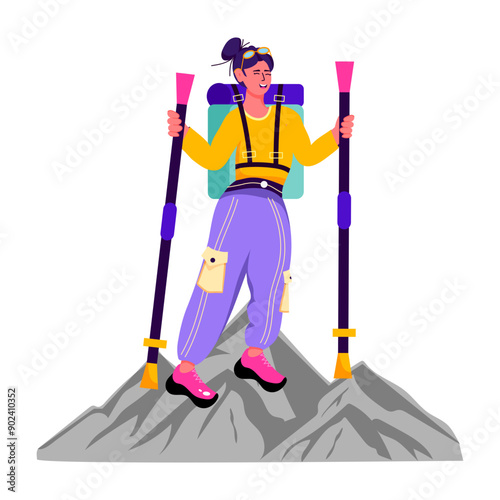 Hiker holding trekking sticks, flat illustration 