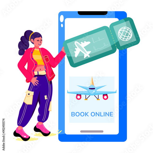 Girl performing online booking process, flat illustration 