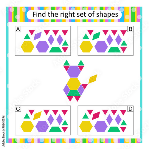 Puzzle for kids. Attention task. Find the correct set of cartoon animal. Answer is C.