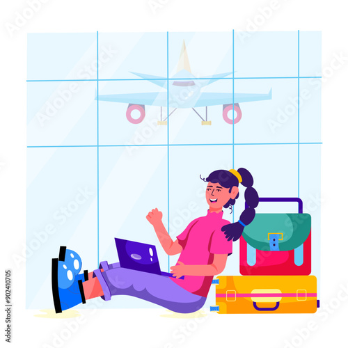 Passenger waiting at airport terminal with luggage, flat illustration 