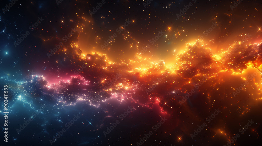 Naklejka premium Nebula & Galaxy Space Background; a rainbow colored, dynamic, and fiery nebula, with glowing blue, pink, golden, and purple hues creating a sense of motion and turmoil amidst the stars 