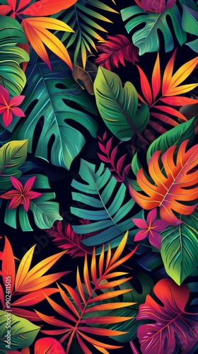 Vibrant vector floral seamless pattern with colorful leaves, perfect for wallpaper, fabric, and decor