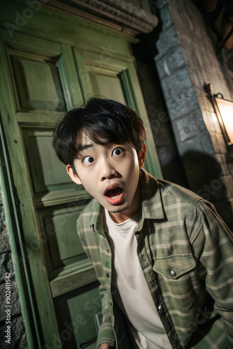 Capture an asian teenage boy with a wide-eyed expression as he navigates through a haunted house, his face a mix of fear and excitement