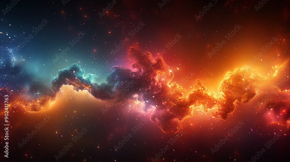 Fototapeta premium Nebula & Galaxy Space Background; a rainbow colored, dynamic, and fiery nebula, with glowing blue, pink, golden, and purple hues creating a sense of motion and turmoil amidst the stars 