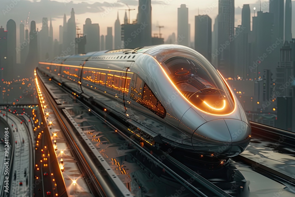 Naklejka premium Futuristic maglev train in a cityscape, demonstrating