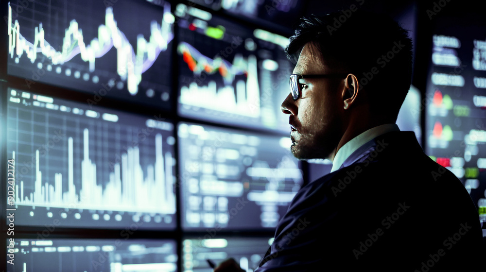 Businessman analyzing a digital stock market chart, blue and black background, investment concept. Businessman analyzing a digital stock market chart, blue and black background, investment concept.