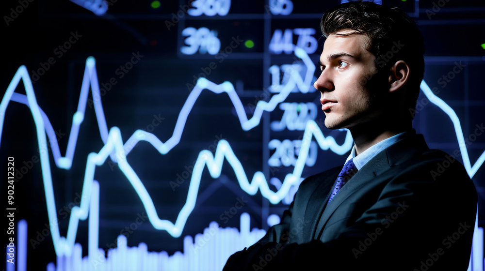 Businessman analyzing a digital stock market chart, blue and black background, investment concept. Businessman analyzing a digital stock market chart, blue and black background, investment concept.