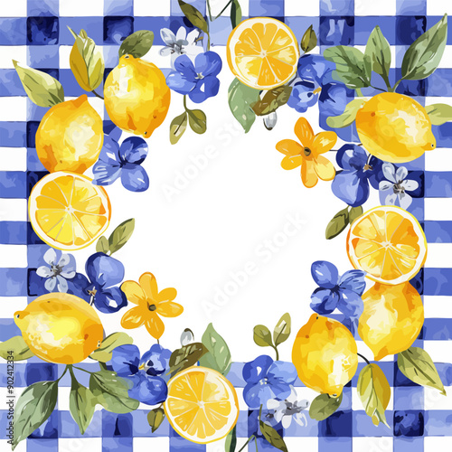 Lemon Flowers And Blue Mediterranean Tiles Background Vector Illustration.