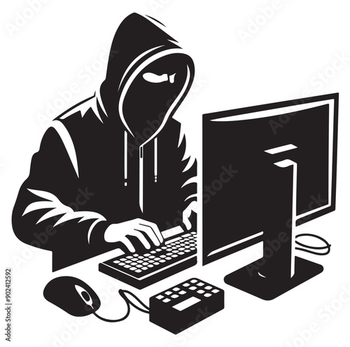 Hacker Silhouette at Computer with Cybersecurity and Data Protection Icons

