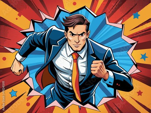  Pop art comic book style Business breakthrough success businessman hero breaks through poster design wall decoration illustration