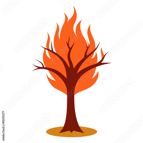 cartoon burning tree, bare brown branches, orange flames, danger, forest, emergency