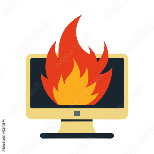 yellow computer monitor on fire, burning, overheating,  flames