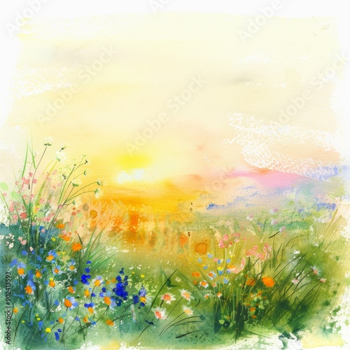 Watercolor painting of a field of wildflowers with a soft-focus sunset, on isolated white background, Generative AI