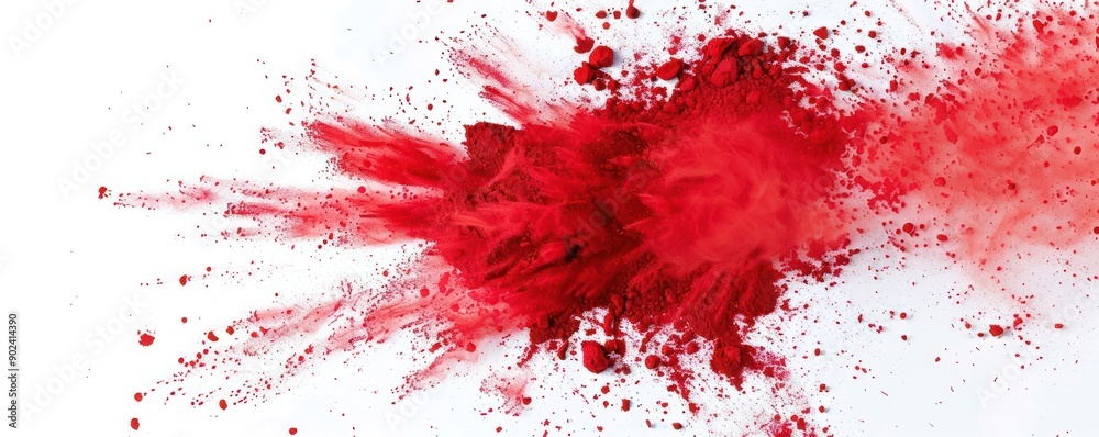 Vivid burst of red Holi powder, suspended mid-explosion on a pristine white backdrop, creating a dynamic visual. Vivid burst of red Holi powder, suspended mid-explosion on a pristine white backdrop, creating a dynamic visual.