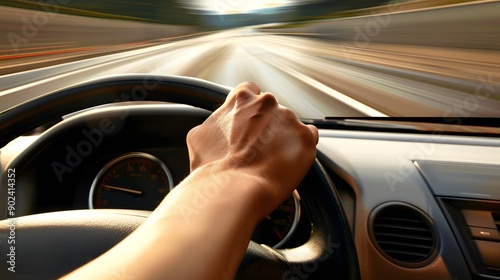 Hand Holding a Steering Wheel: A hand gripping a car steering wheel, with a blurred road ahead. 