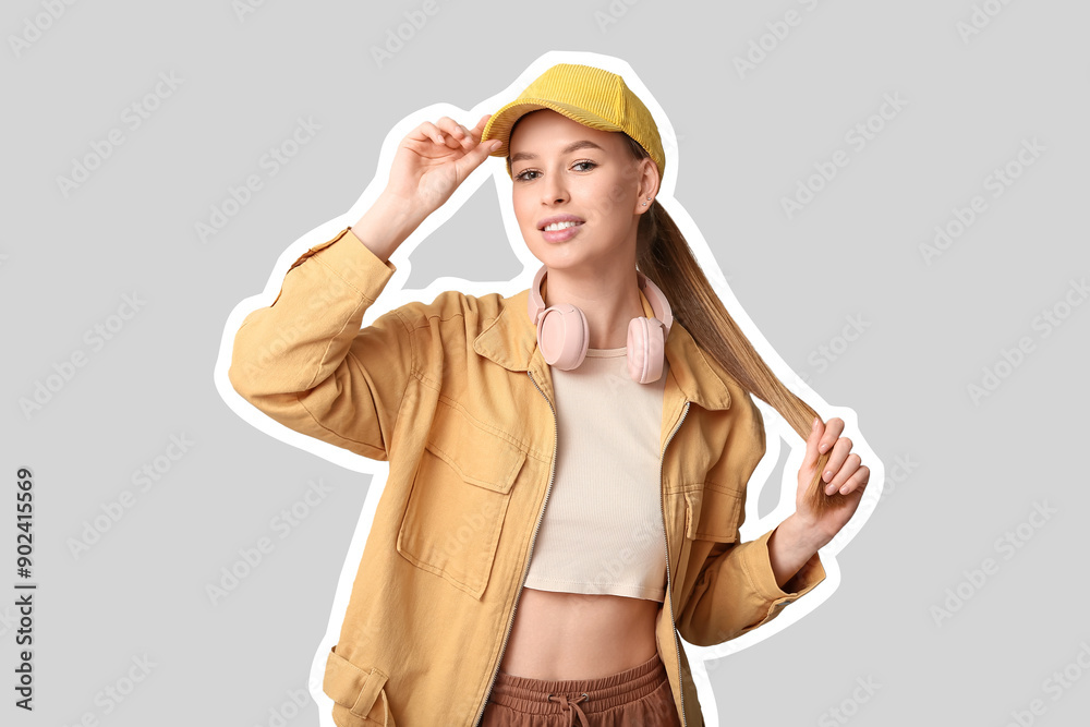 Beautiful young woman in stylish yellow cap with headphones on grey background Beautiful young woman in stylish yellow cap with headphones on grey background