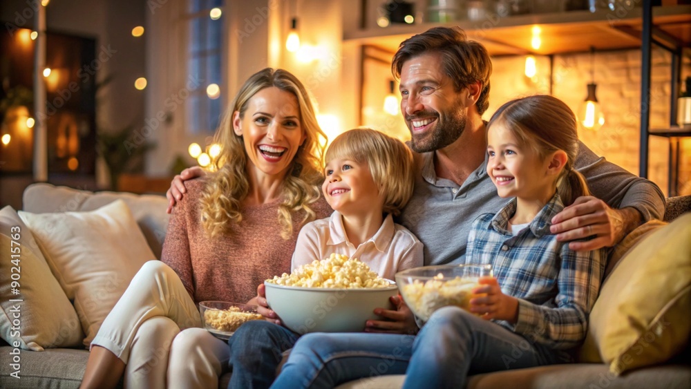 Obraz premium A family enjoying a movie night, sitting on a couch with a large bowl of popcorn placed on the center table, warm ambient lighting.