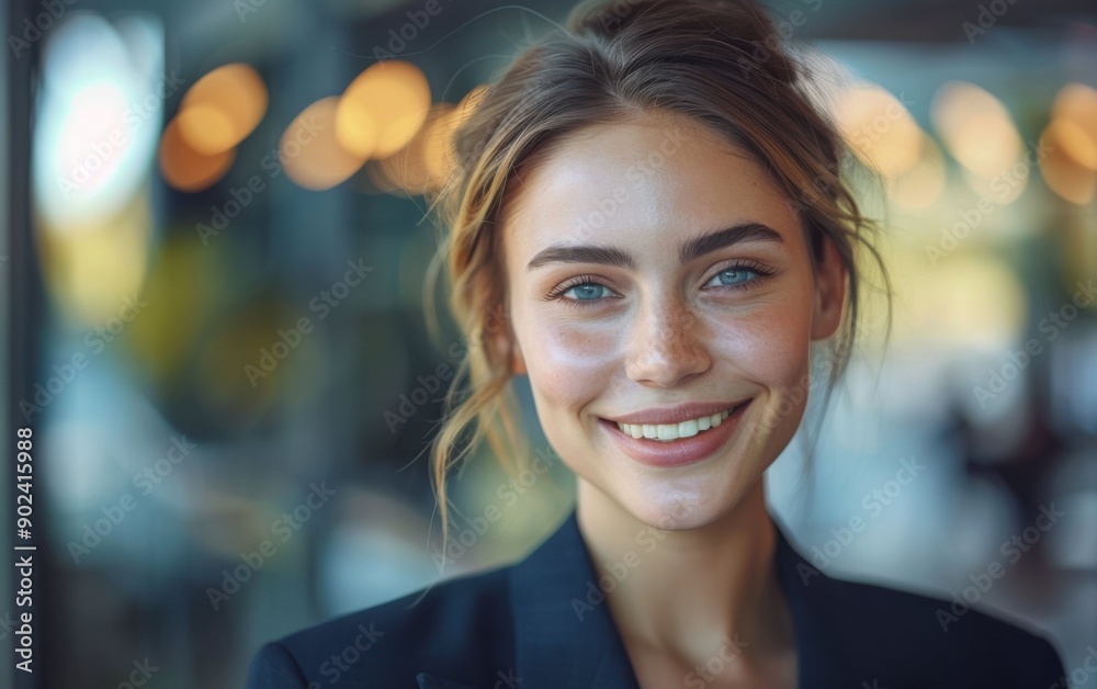 Fototapeta premium A young business woman smiles warmly, showcasing her confidence and professionalism in a sleek, contemporary office setting