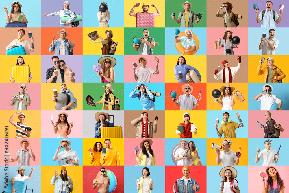 Collage of many tourists on color background