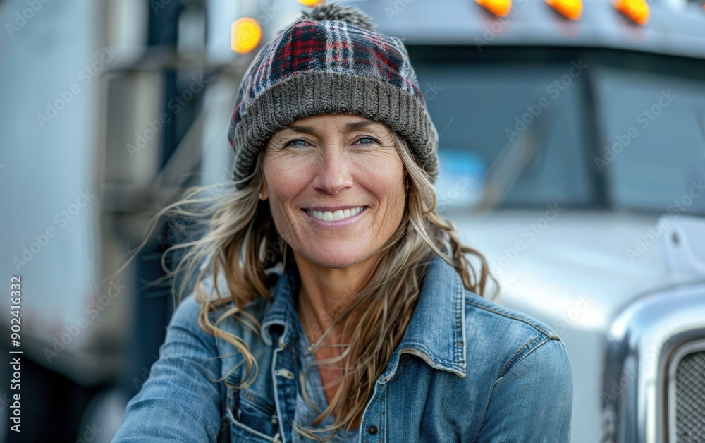 A cheerful middle-aged woman trucker poses confidently beside her truck, showcasing her passion for the open road and truck driving