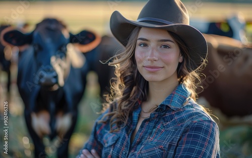 A skilled cattlewoman stands proudly among dairy cows, enjoying the golden hour light on the farm, embodying dedication and connection to her work photo