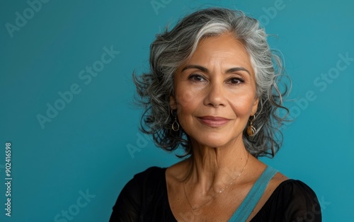 A mature Latino woman confidently poses against a vibrant blue backdrop, showcasing her natural beauty and elegance with a warm expression