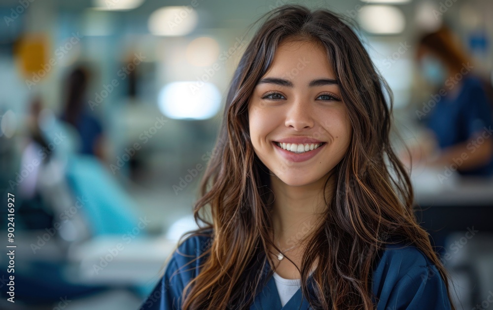 A confident dental hygienist student smiles proudly while participating in training in a dental clinic environment A confident dental hygienist student smiles proudly while participating in training in a dental clinic environment